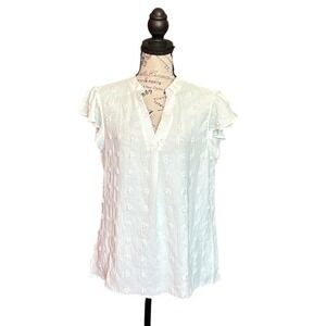 B White Clipped Swiss Dot Flutter Sleeve V-Neck Blouse Top Medium